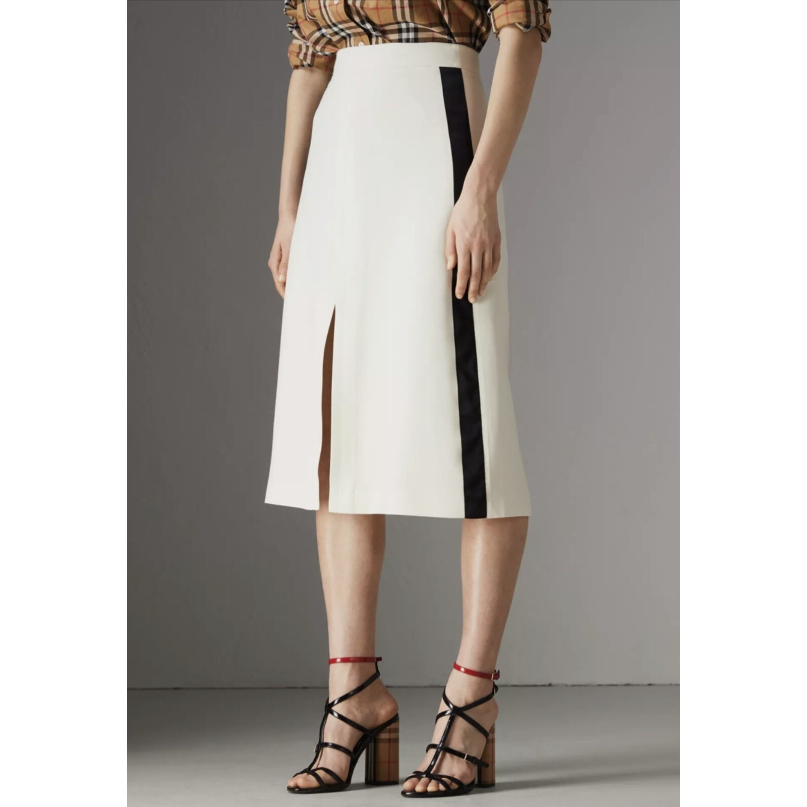 Burberry Women Size 2 Off White Black Stripe Wool Silk A-Line Skirt Nwt $790